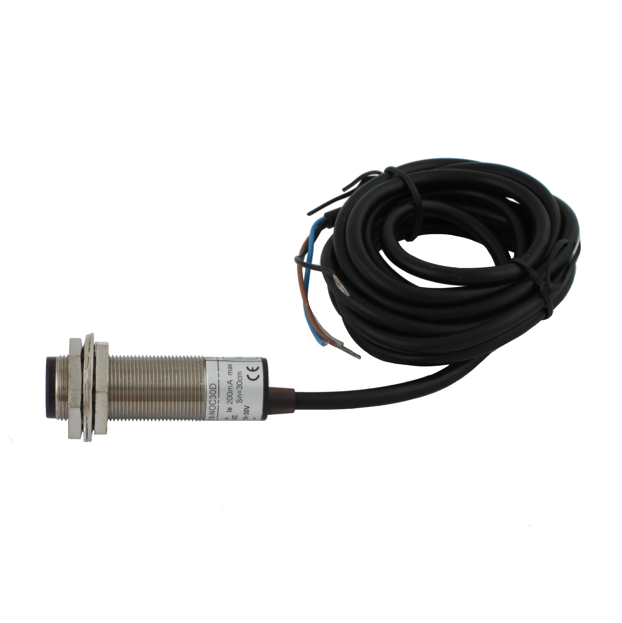 INNOCONT Фотодатчик диффузионный, М18x1, зона срабатывания до 30 см, -10 +60 С, 12…24 VDC, IP67, выход: NPN NO + NC, макс. ток 200 мА, время реакции 3 мс, кабель 2 м PES-D18-NOC30D (cable)